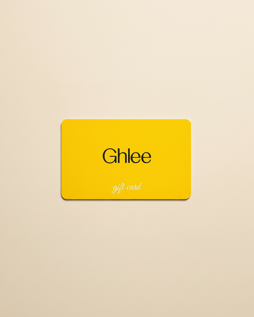 Yellow gift card with 'Ghlee' branding on a beige background